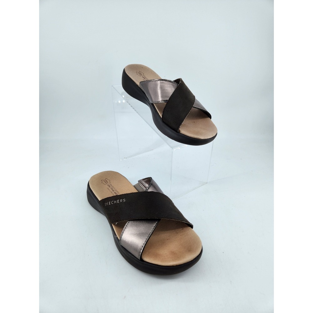 Skechers On-The-Go Luxe Finesse Sandals Womens 6 Metallic Crisscross Slide 16283
